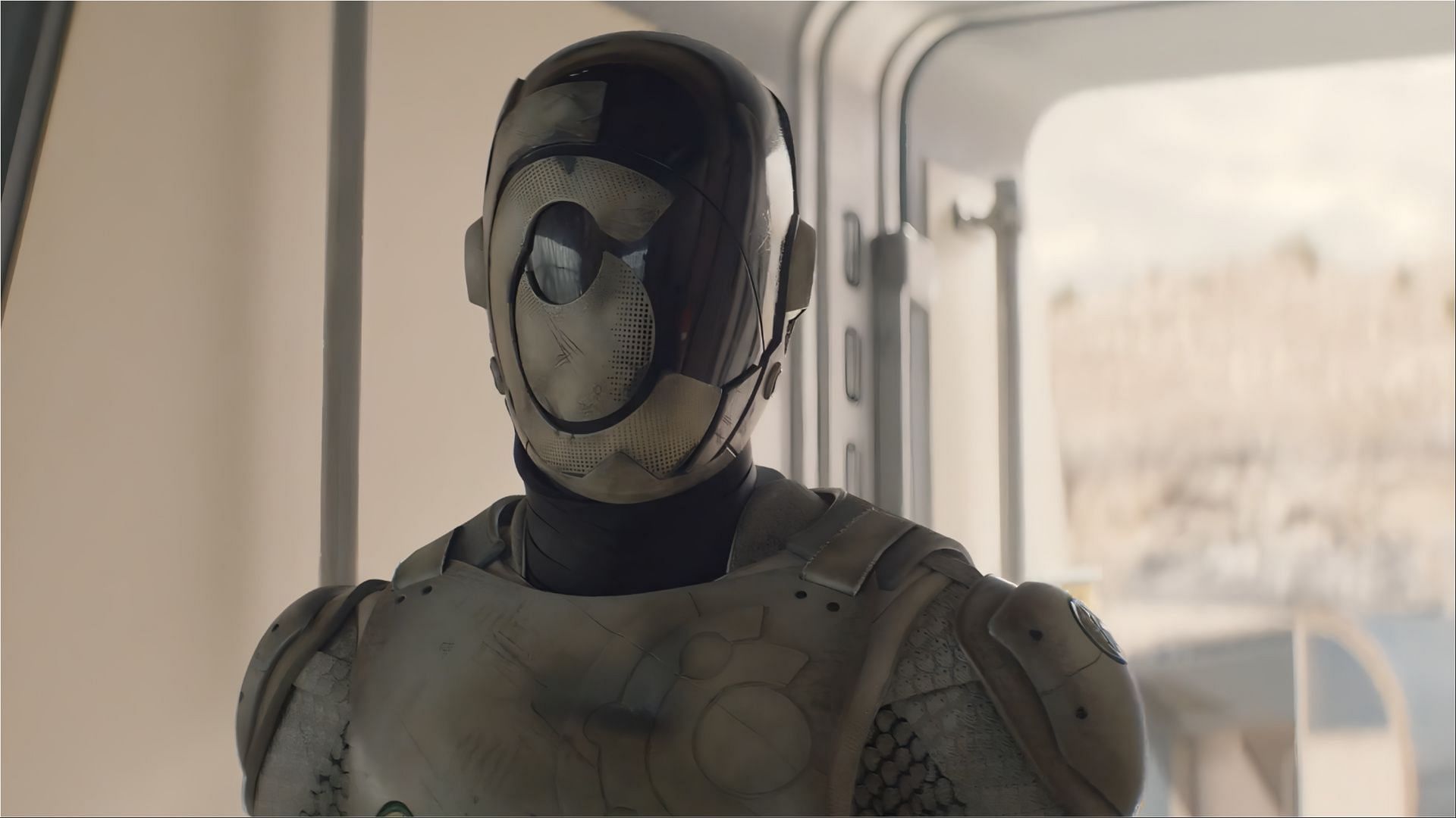 A quiet but charged moment as the cyborg prepares to confront GrayCris forces in Murderbot (Image via AppleTV+)